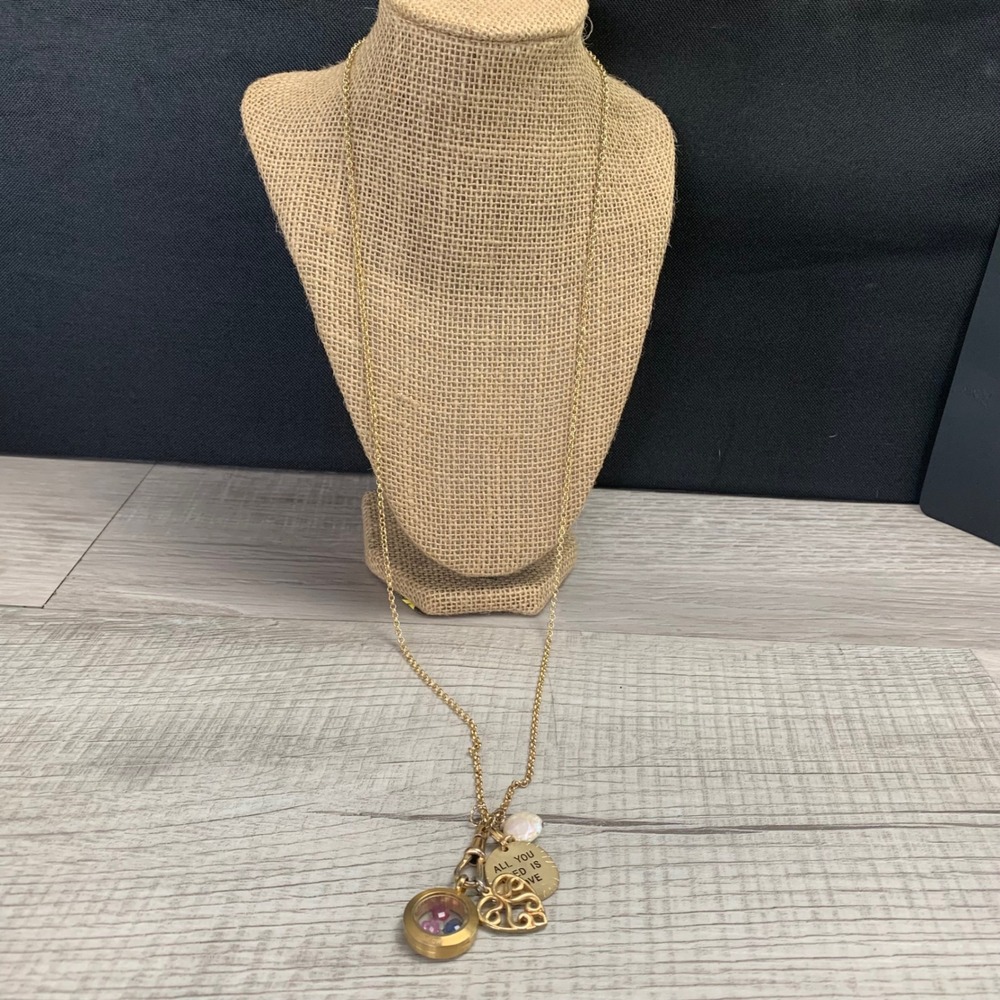 Mud Pie Gold Tone All You Need Is Love Origami Owl Locket Charm Necklace 32 Inch
